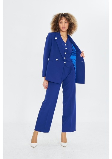 Yakası Düğme Detaylı 3lü Takım Saks Saks Mavisi