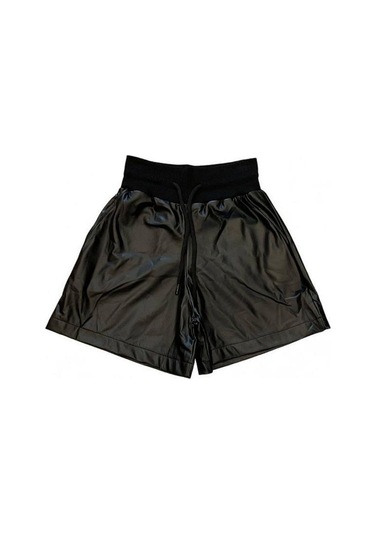 Kız Çocuk Beli Lastikli Deri Şort-15036 Siyah