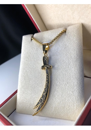 Zülfikar Kılıcı Hz.ali Altın Kaplama Çelik Kolye Işıklı Kutuda Sevgiliye Eşe Anneye Kolye Sarı