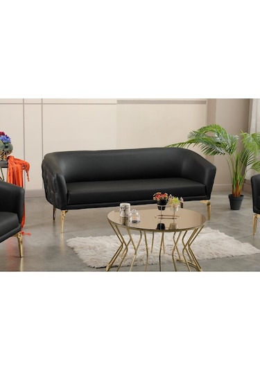 3 Kişilik Siyah Deri Gold Ayaklı Ofis Koltuk Takımı Ofis Kanepesi Makam Koltuk Takımı 3'lü Siyah