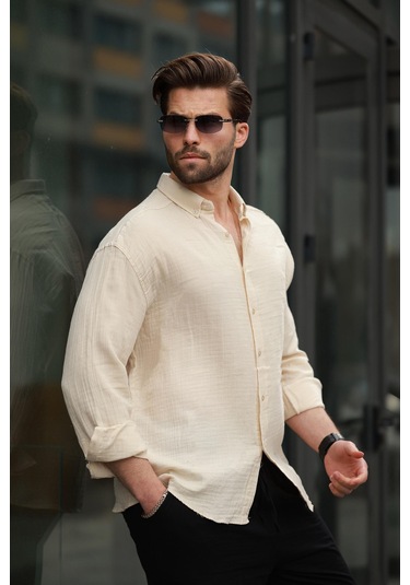 Madmext Bej Basic %100 Pamuklu Uzun Kollu Erkek Gömlek E6761 Bej