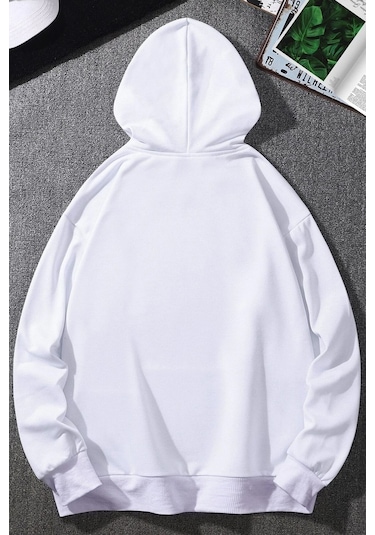 Cartoon Graphic Thermal Lined Drawstring Sweatshirt Beyaz