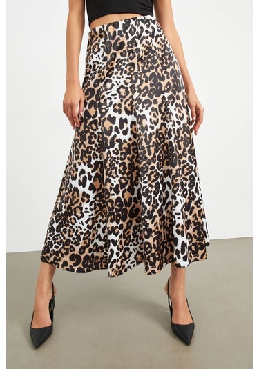 Stella Pulvis Kahverengi Leopar Desenli Beli Lastikli Saten Maxi Etek Kahverengi