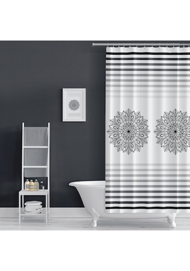 Siyah Çizgili Banyo Perdesi, 180x200cm Tek Kanat Duş Perdesi Beyaz - Siyah