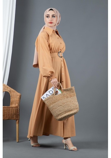 Sevitli Kemer Detaylı Elinna Elbise-camel-1568-camel Camel