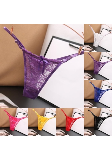 Mor Hottie Ayarlanabilir Ince Kayış Thongs Düşük Bel Şeffaf Dantel Külot G-string Külot Kadın İç Çamaşırı Mor