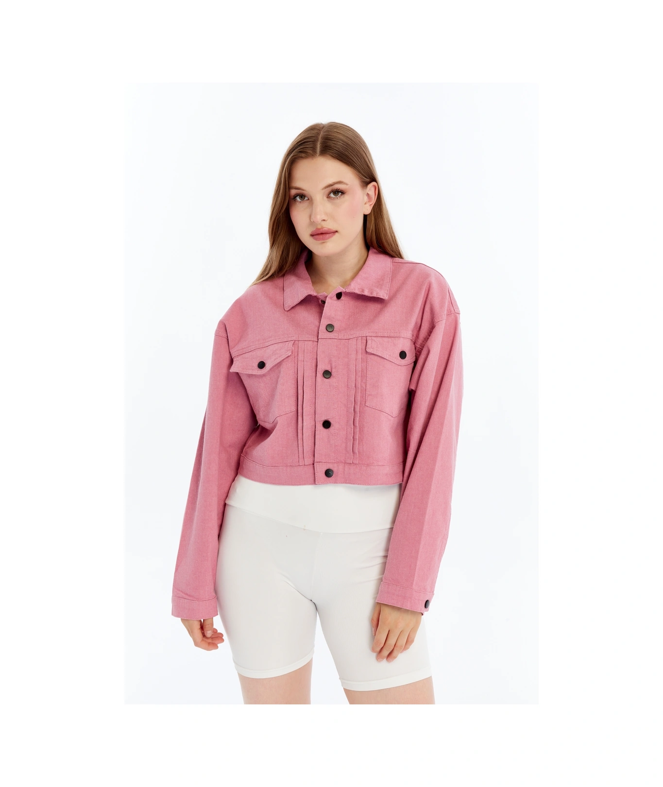 Kadın Bomber Gabardin Ceket Çıt Çıt Düğmeli Kolej Kot Ceket Cepli Renkli Kolay Kombinlenebilen Ceket Pembe