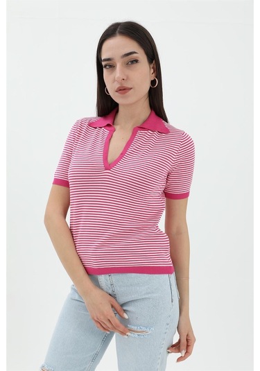 İnce Çizgili Polo Yaka Triko Kazak - Fuşya - Kadın
