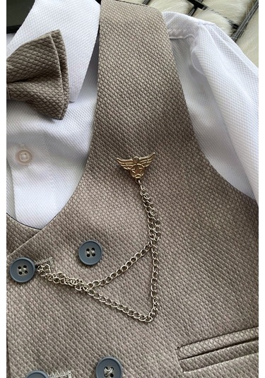 Zincir Detay Çift Düğmeli Erkek Çocuk Takım Elbise Gri Gri