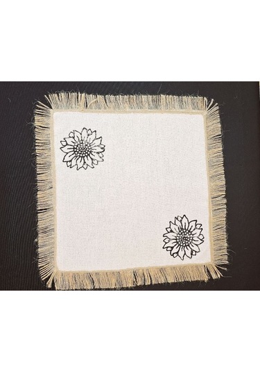 %100 Pamuklu Ham Keten Hasır Püsküllü Ayçiçek Taş Baskılı 6' Li Amerikan Servisi Supla Kare 42 Cm Naturel