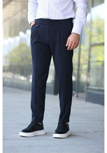 Kuşaklı Pileli Kemer Detaylı Old Money Kumaş Pantolon Lacivert