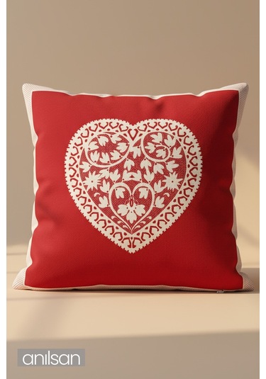 Kalp Desenli Çift Taraflı Kırlent Kılıfı - 45x45 Cm Yılbaşı Dekoratif Kırmızı - Beyaz
