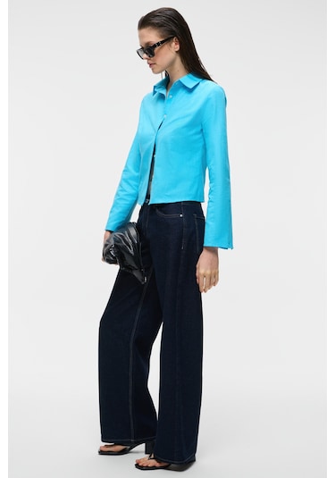Grımelange Makayla Kadın Keten Uzun Kollu Regular Fit Mavi Gömlek Mavi