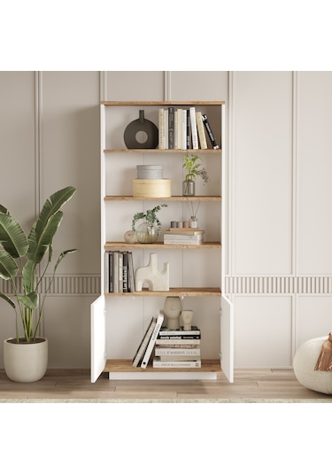Robin Home Loft Kitaplık Raf 2 Kapaklı Raflı 168cm Çam-Beyaz