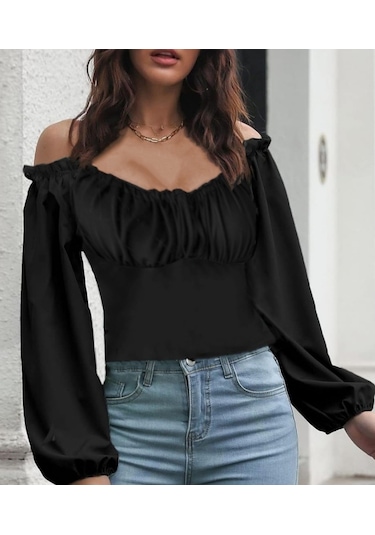 Soonaksesuar Kadın Uzun Kollu Kare Yaka Göğüs Büzgü Detay Sandy Bluz Siyah