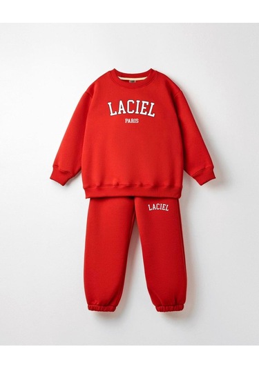 Çocuk Slogan Desenli Pamuklu Sweatshirt Eşofman Tayt Alt-üst Takım Kırmızı