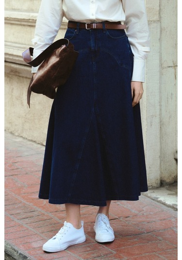 Mizalle Parça Volanlı Lacivert Maksi Denim Etek Lacivert