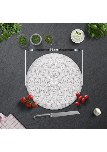 Selçuklu Motifi Desenli Cam Kesme Tahtası Çap32cm