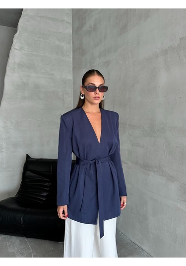 Lacivert Elegant Kuşaklı Ceket Lacivert