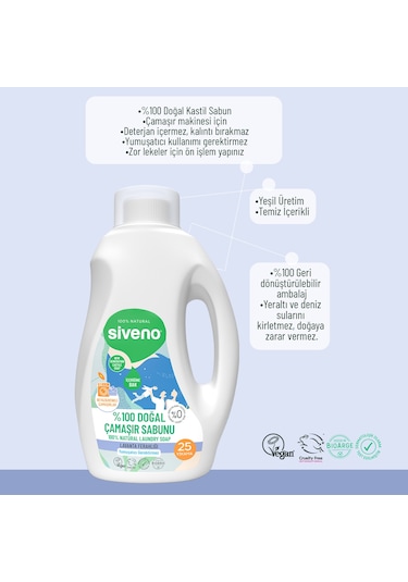 Siveno %100 Doğal Çamaşır Sabunu %100 Bitkisel Deterjan Kendinden Yumuşatıcılı Konsantre Vegan 750 ML