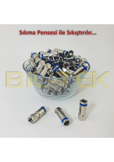 Rg6 Sıkmalı F Konnektör Mavi Şeritli - 100 Adet