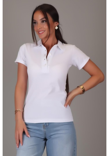 Sweetness Kadın Beyaz Gömlek Yaka Kısa Kol Pamuklu Tişört BEYAZ