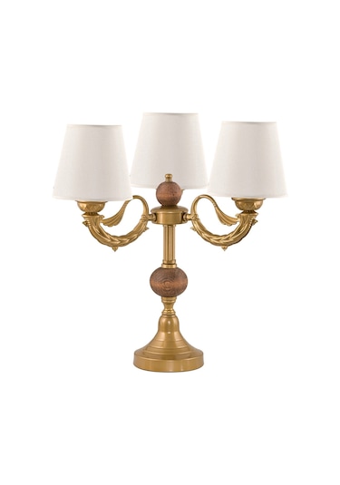 Üçlü Şamdan Masa Lambası Abajur Eskitme Krem Rengi Şapkalı Eskitme