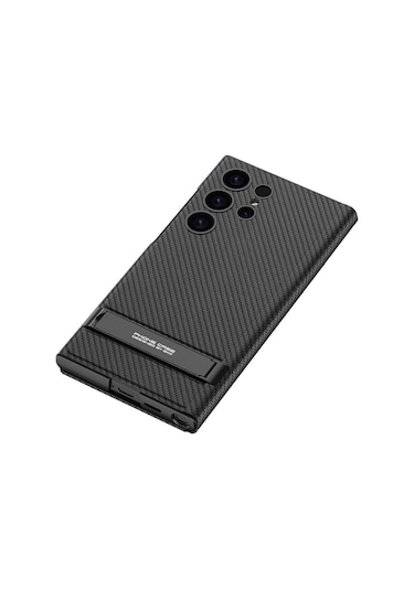 Galaxy Uyumlu S24 Ultra Kılıf Kamera Korumalı Karbon Tasarım Droga Standlı Kartlıklı Kapaklı Kılıf-siy
