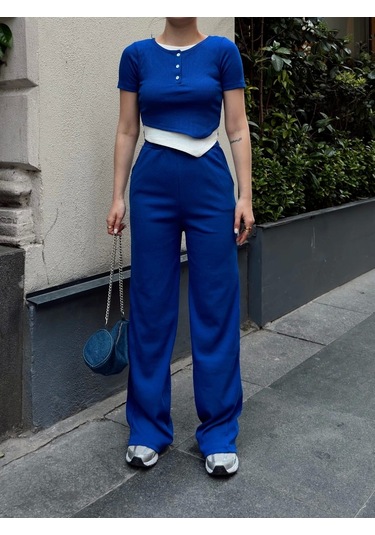 Düğme Yakalı Saks Alt Üst Takım S3943 Saks