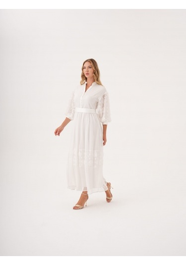 Dantel Detaylı Kemerli Şifon Gömlek Elbise Ekru