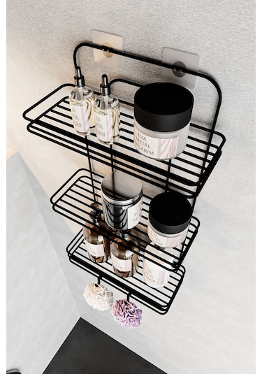 Eva Metal Tasarım Paslanmaz Yapışkanlı Düz Banyo Düzenleyici Şampuanlık Duş Rafı Siyah