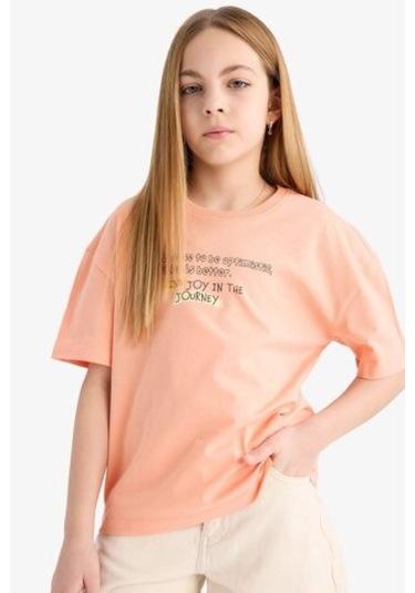 DeFacto Kız Çocuk Relax Fit Bisiklet Yaka Baskılı Kısa Kollu Tişört E0353A825SMOG189 Turuncu