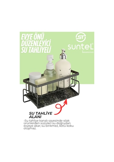 Suntel Tezgah Üstü Sıvı Sabunluk Ve Süngerlik Organizer Siyah