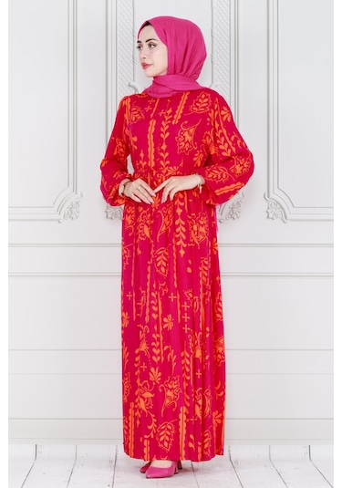 Sevitli Otantik Yarım Düğmeli Viscon Elbise-pembe-4012-pembe Pembe