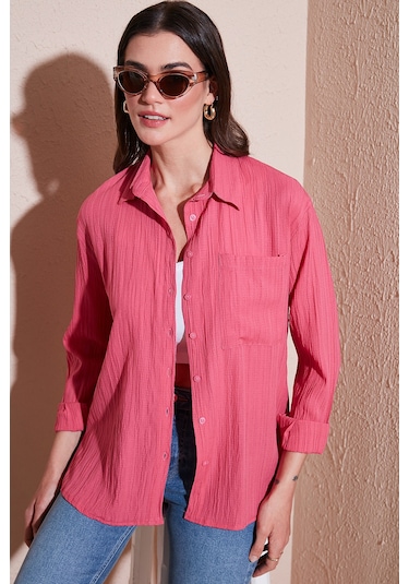 Lela Regular Fit Tek Cepli Önü Kısa Arkası Uzun Krinkıl Bayan Gömlek 6772752 Fuşya