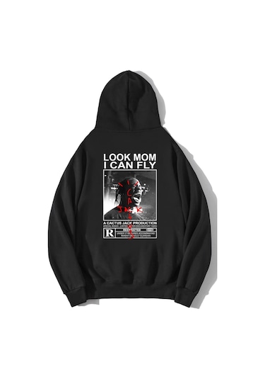 Brz Collection Unisex Oversize Arka Baskılı Look Mom I Can Fly Hoodie Siyah
