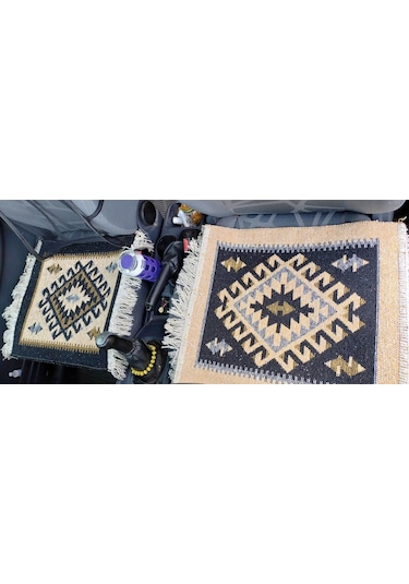 Reversible Oto Koltuk Kilim Seti 3 Parça Makine Dokuma Akrilik & Polyester Saçaklı - Siyah