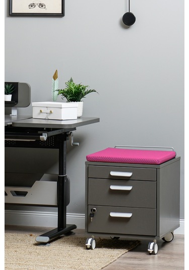 Creo Mobili Çekmeceli Kilitli Tekerlekli Vega Keson, Oturulabilir Ofis Ve Ev Komodini Antrasit/fuşya