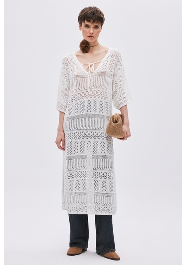 Sherin Ekru Ajurlu Oversize Triko Elbise-ekru Ekru