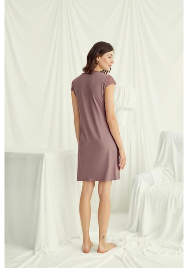 Monamise 18510 Kadın V Yaka Dantelli Düğmeli Kısa Kollu Gecelik-kahve Kahve