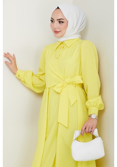 Bestenur Reyel Çapraz Bağlamalı Elbise 1464 - Sarı Sarı