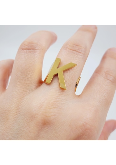 Çelik Gold Düz Kesim Harf Yüzük -k Harfi- Ayarlı Ölçü-1896