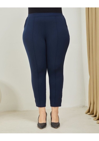 Scuba Yanlardan Cepli Önü Dikişli Paçası Çakmalı Beli Lastikli Büyük Beden Pantolon Lacivert