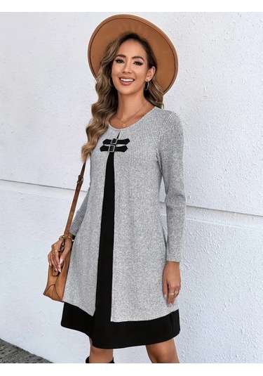 Ge Ticaret Kadın Uzun Kollu Önü Tokalı Şardonlu Kaşkorse Iç Kısmı Viskon Midi Elbise Ikili Takım Siyah