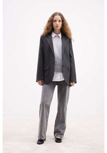 Defacto Oversize Geniş Kalıp Ceket Yaka Düğmeli Çizgili Blazer Ceket D6879ax24auar151 Antrasit