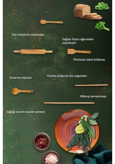 Zümrüt Serisi Ahşap Hamur Açma Oklavası Merdane Seti 6 Lı Set