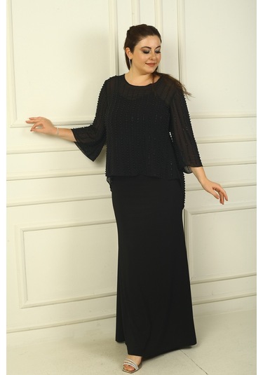 İçi İp Askılı Astarlı Uzun Sandy Elbise Arkası Düğmeli Boncuklu Şifon Bluz Büyük Beden 2'li Takım Siyah