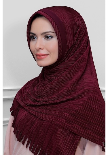 Bordo Pratik Hazır Geçmeli Tesettür Eşarp Fukuro Piliseli Saçaklı (545491398) Bordo