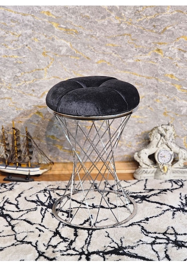 Yuvarlak Krom Kaplama Krem Puf Oturak - Bench - Ayak Ucu Oturak - 001