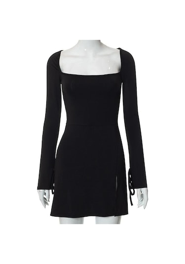 Kadın Sonbahar Ve Kış Yeni İpli Uzun Kollu Düz Renk Kare Yaka Dar Kesim Yüksek Bel Yırtmaçlı Elbiseler Siyah